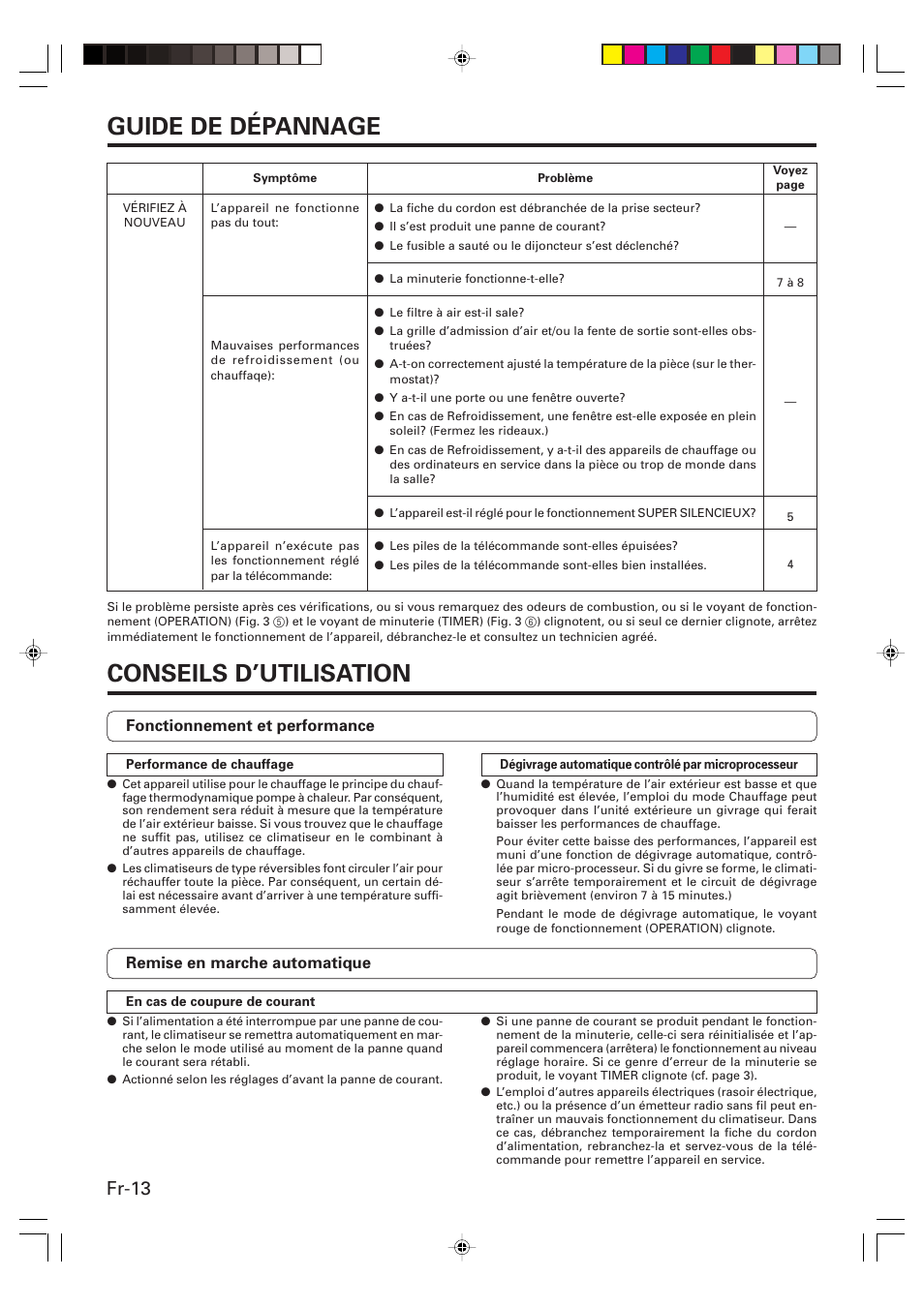 Guide de dépannage, Conseils d’utilisation, Fr-13 | Friedrich MW24Y3F User Manual | Page 28 / 46