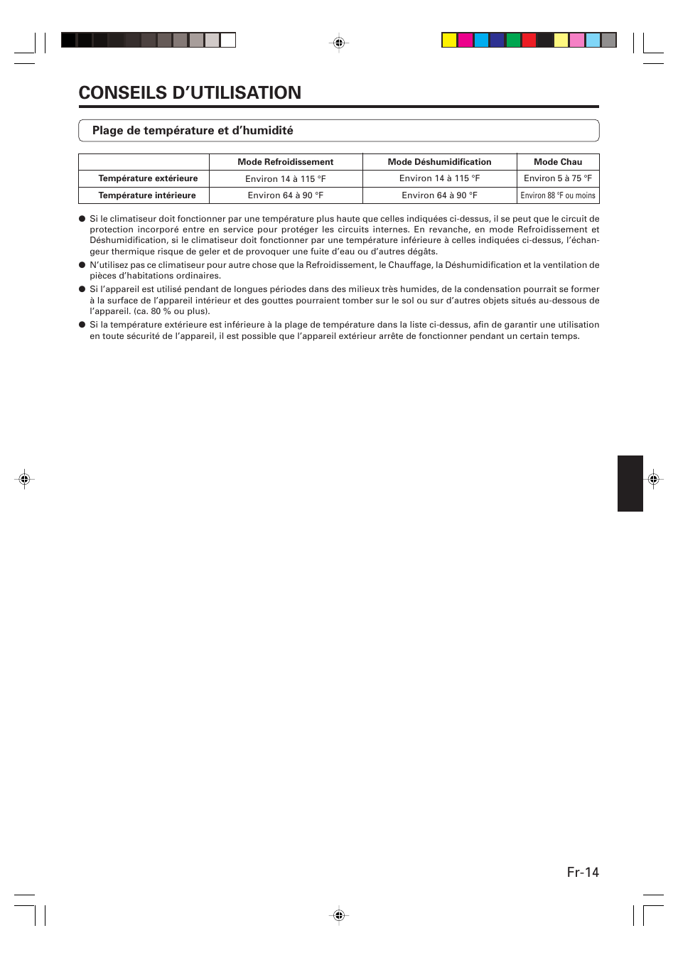 Conseils d’utilisation, Fr-14 | Friedrich MW24Y3F User Manual | Page 29 / 46