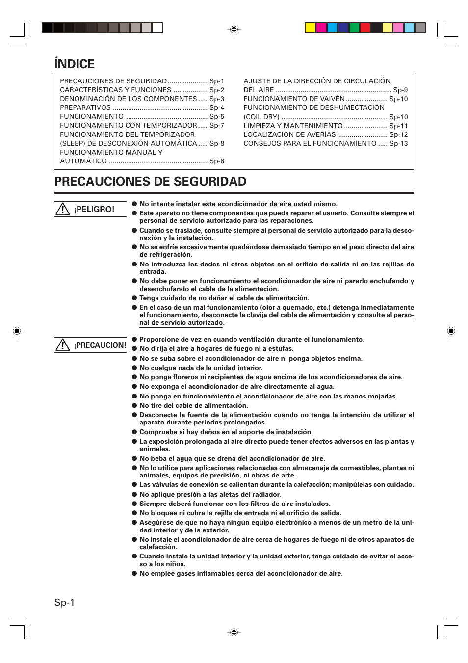 Índice, Precauciones de seguridad, Sp-1 | Friedrich MW24Y3F User Manual | Page 30 / 46