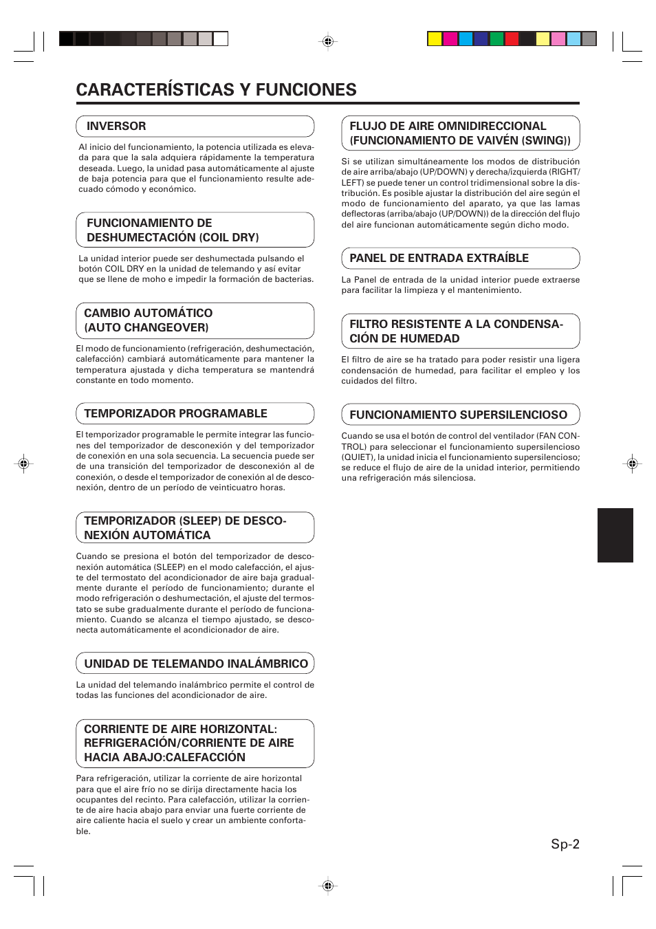 Características y funciones, Sp-2 | Friedrich MW24Y3F User Manual | Page 31 / 46