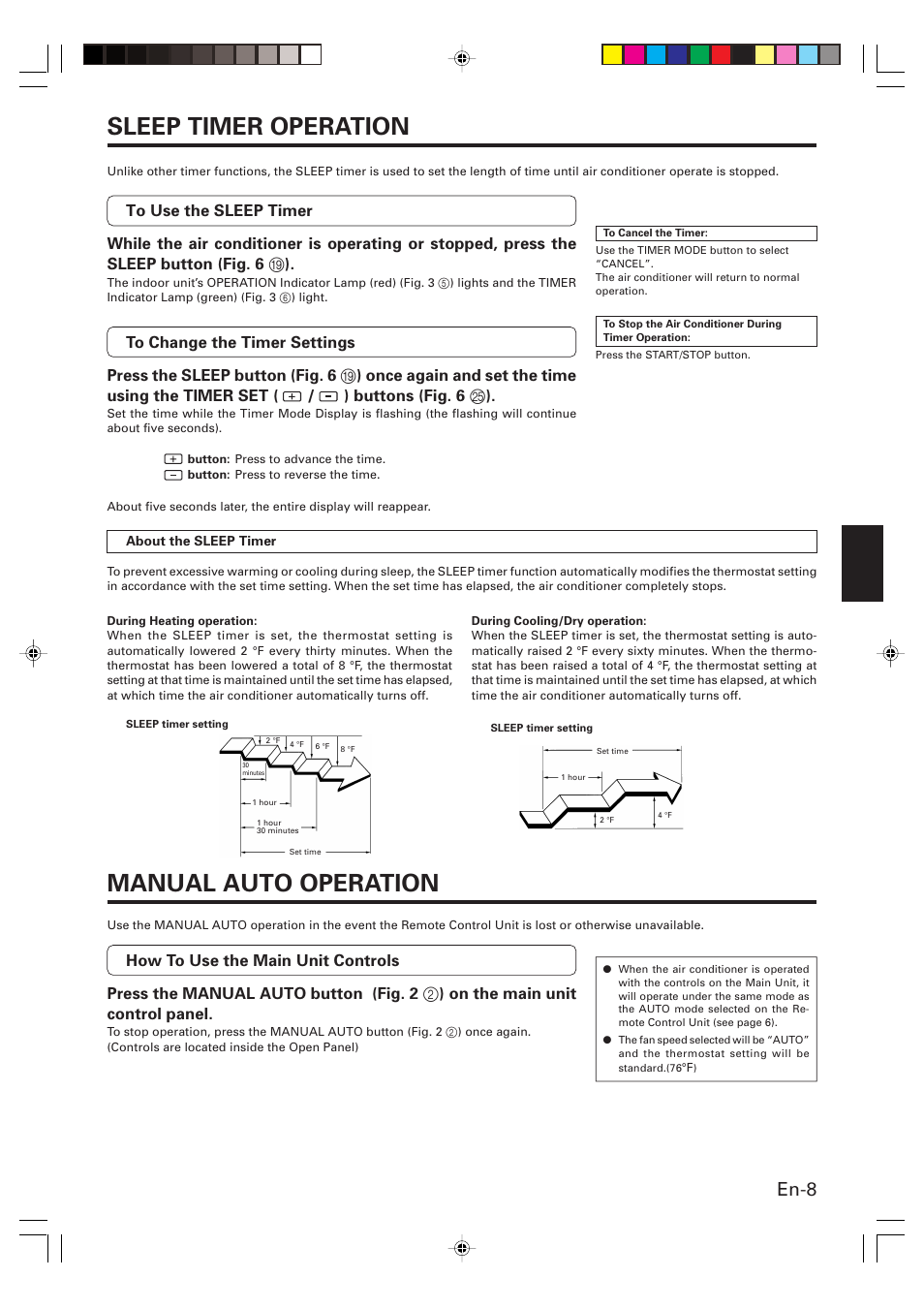 Sleep timer operation, Manual auto operation, En-8 | Friedrich MW24Y3F User Manual | Page 9 / 46