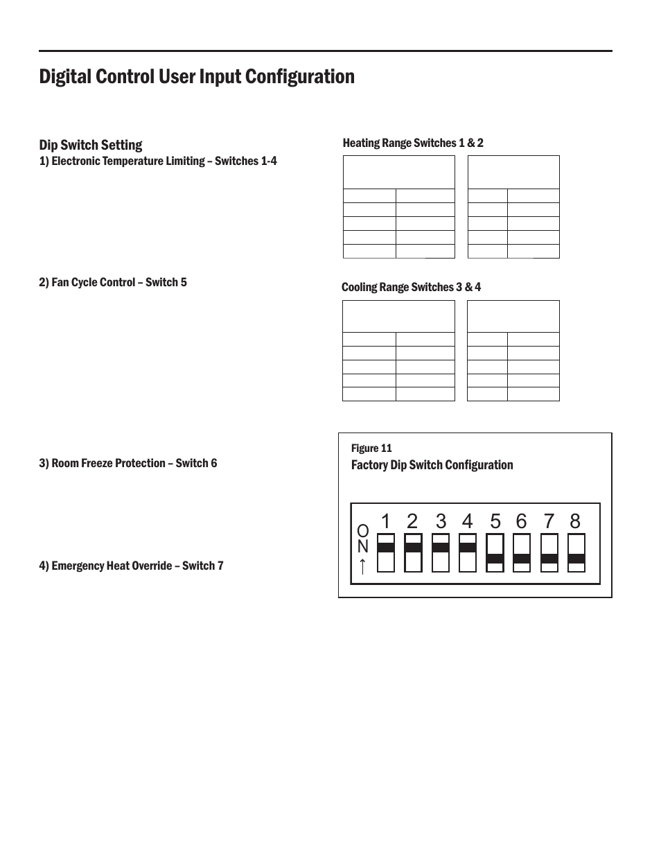 Digital control user input confi guration, Dip switch setting, Factory dip switch confi guration | Friedrich HEAT PUMPS User Manual | Page 16 / 28