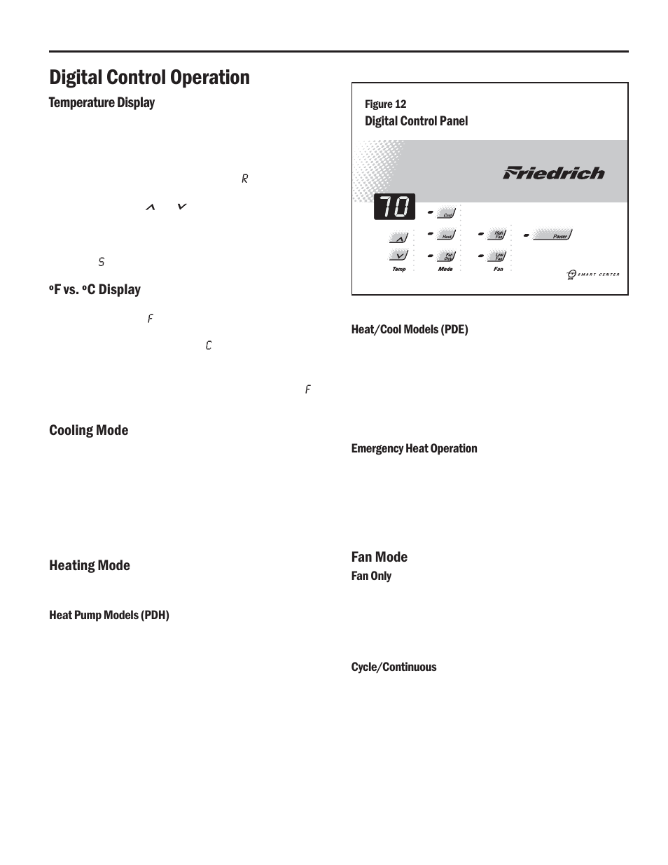 Digital control operation, Temperature display, ºf vs. ºc display | Cooling mode, Heating mode, Fan mode, Digital control panel | Friedrich HEAT PUMPS User Manual | Page 17 / 28