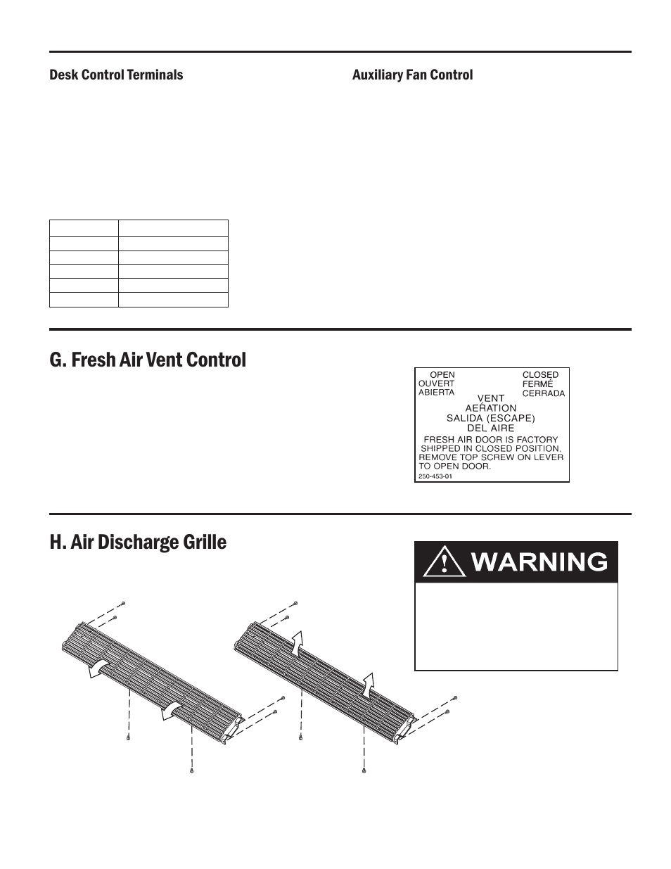 G. fresh air vent con trol, H. air discharge grille, Auxiliary fan control | Desk control terminals | Friedrich HEAT PUMPS User Manual | Page 19 / 28