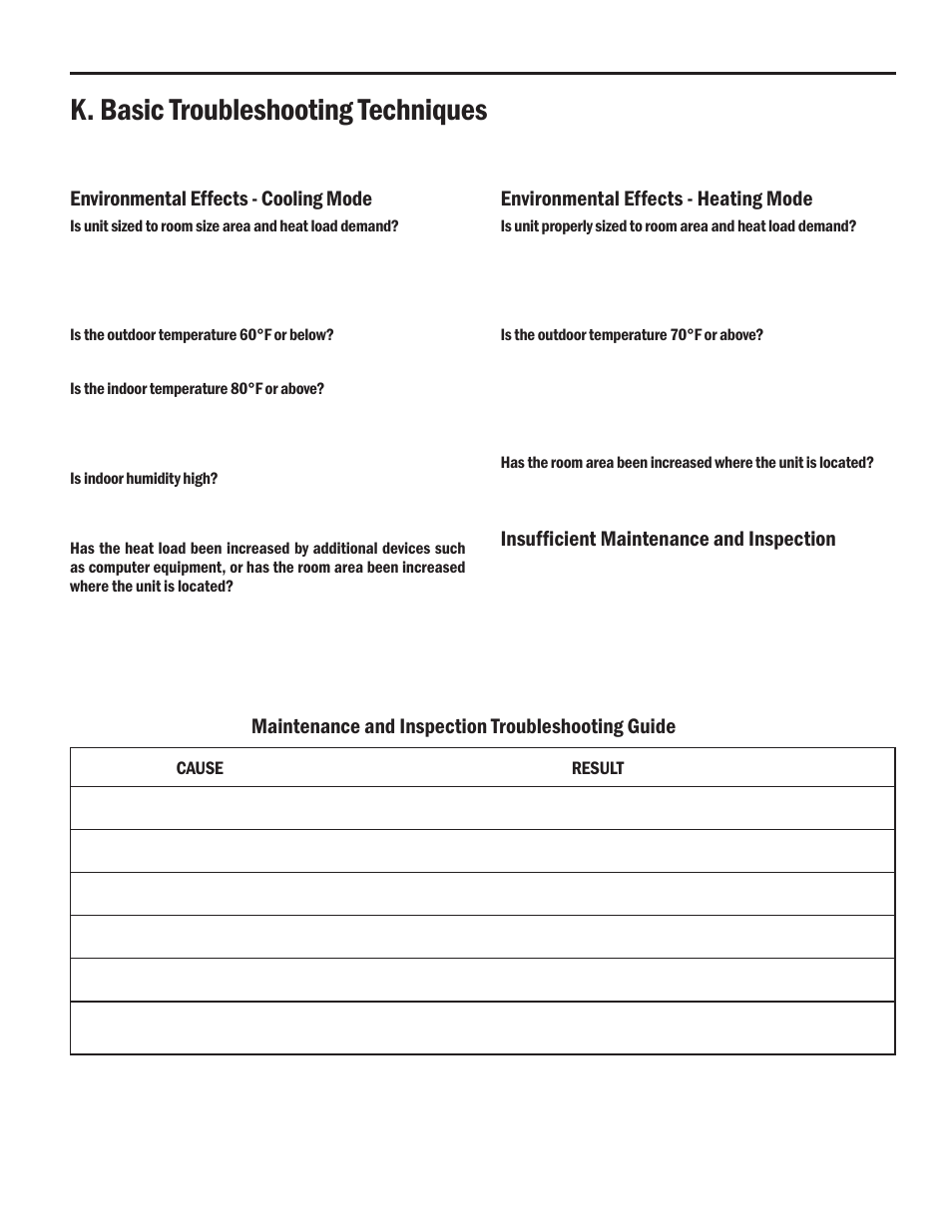 K. basic troubleshooting techniques, Maintenance and inspection troubleshooting guide, Environmental effects - cooling mode | Environmental effects - heating mode, Insuffi cient maintenance and inspection | Friedrich HEAT PUMPS User Manual | Page 23 / 28