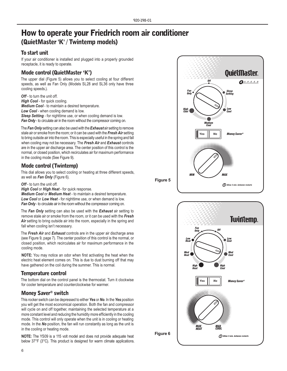 Quietmaster 'k' / twintemp models), Mode control (quietmaster ‘k’), Mode control (twintemp) | Temperature control, Money saver, Switch | Friedrich KM18 User Manual | Page 6 / 56
