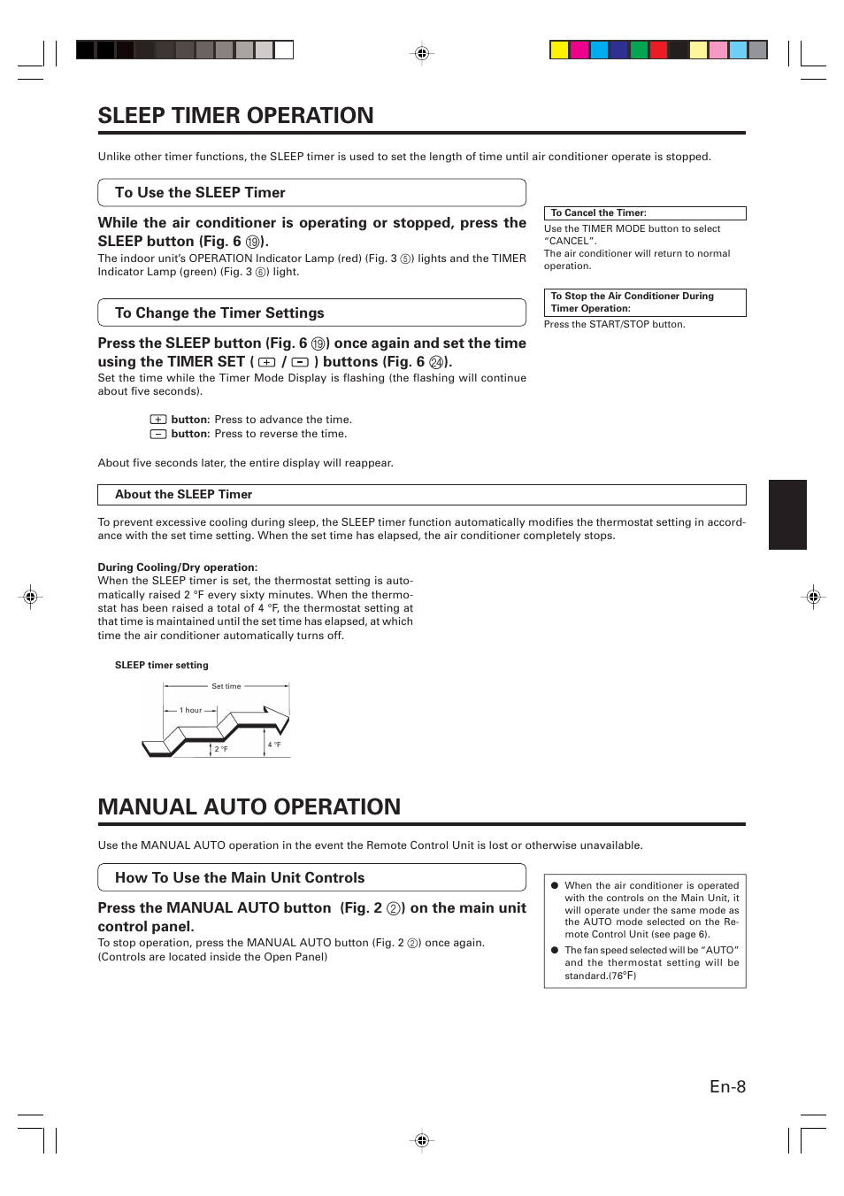 Sleep timer operation, Manual auto operation, En-8 | Friedrich MW24C3G User Manual | Page 9 / 18