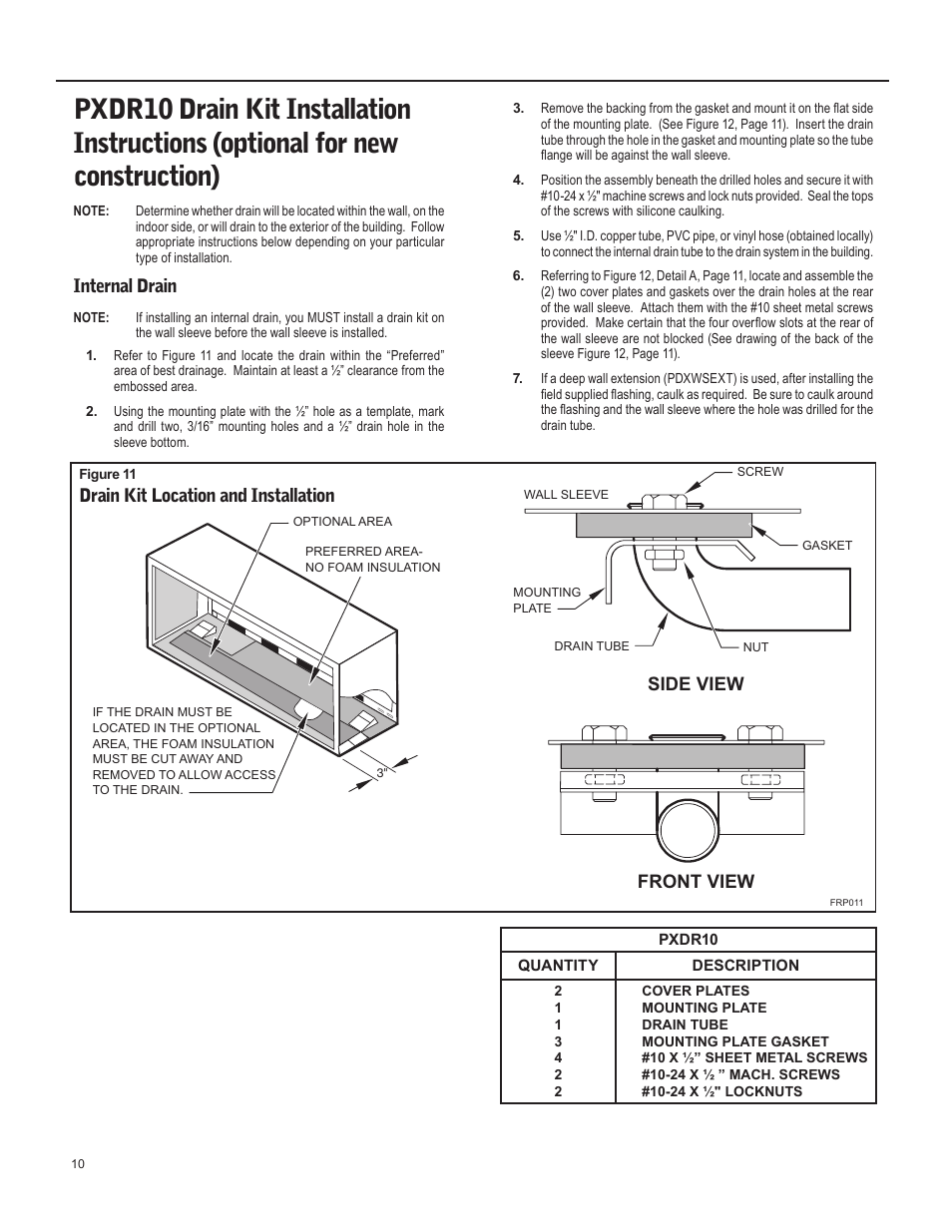 Side view front view, Drain kit location and installation, Internal drain | Friedrich 920-087-09 (12/10) User Manual | Page 10 / 36