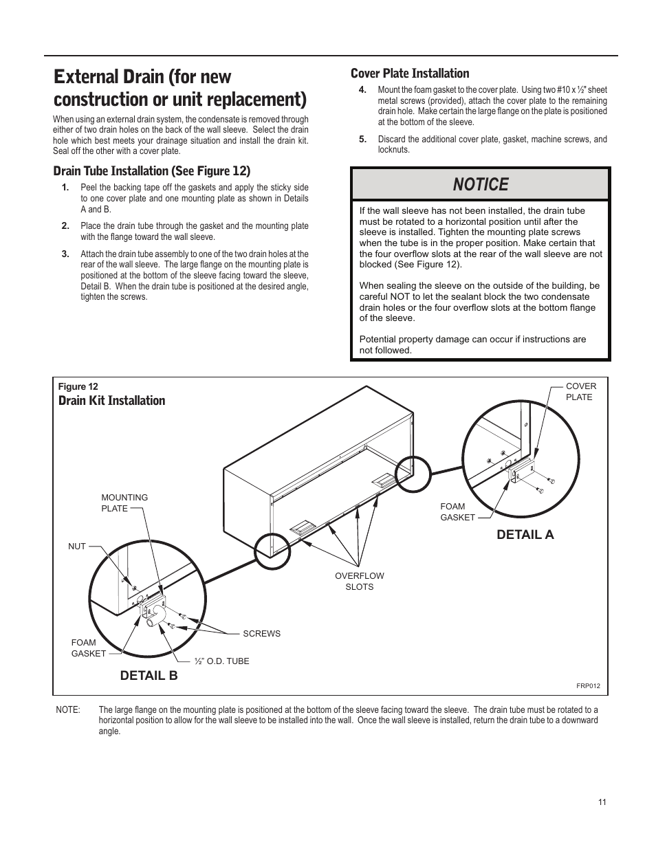 Notice, Detail b detail a, Drain tube installation (see figure 12) | Cover plate installation, Drain kit installation | Friedrich 920-087-09 (12/10) User Manual | Page 11 / 36