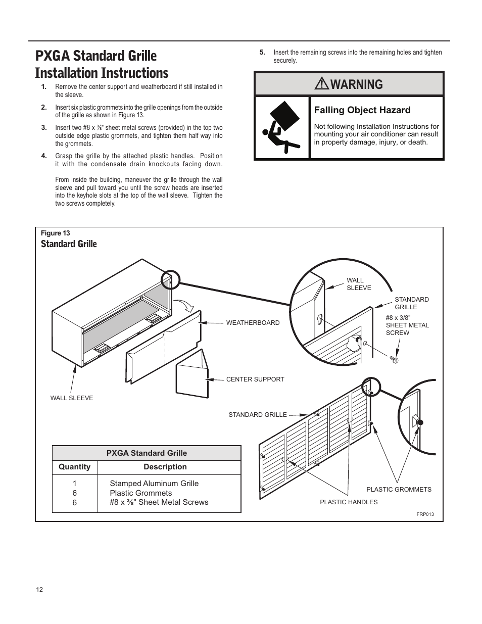 Pxga standard grille installation instructions, Warning, Standard grille | Falling object hazard | Friedrich 920-087-09 (12/10) User Manual | Page 12 / 36