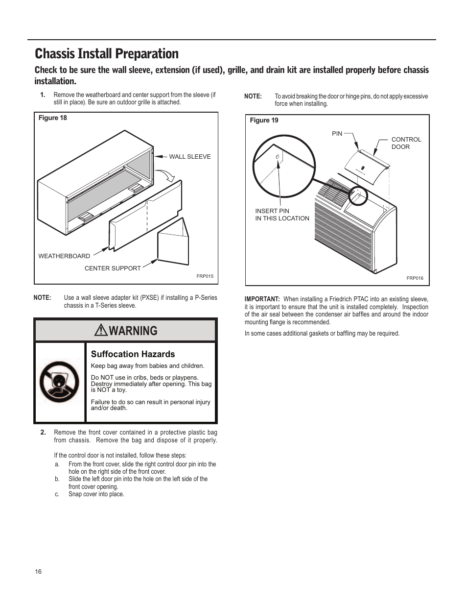 Chassis install preparation, Warning, Suffocation hazards | Friedrich 920-087-09 (12/10) User Manual | Page 16 / 36
