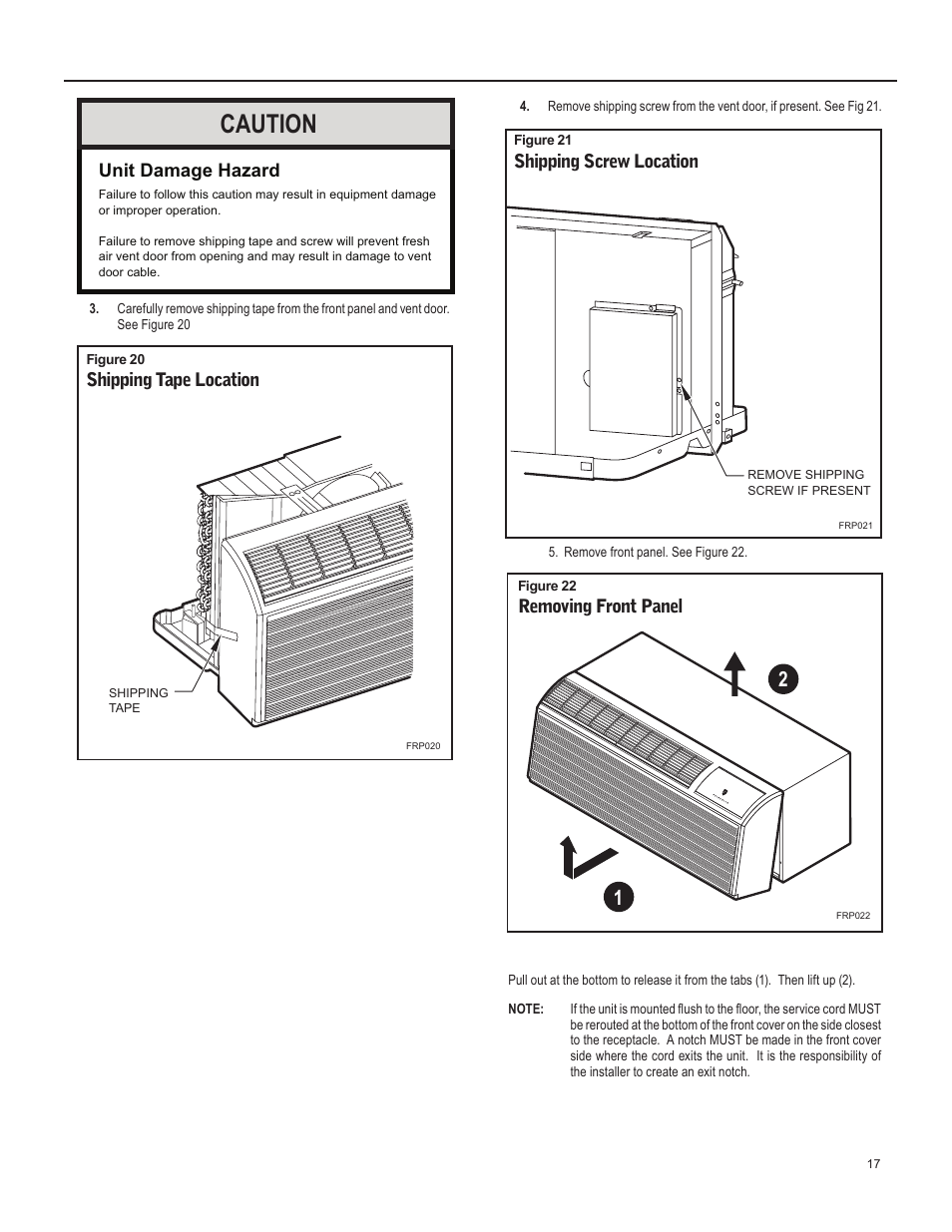Caution, Shipping tape location, Shipping screw location | Removing front panel, Unit damage hazard | Friedrich 920-087-09 (12/10) User Manual | Page 17 / 36
