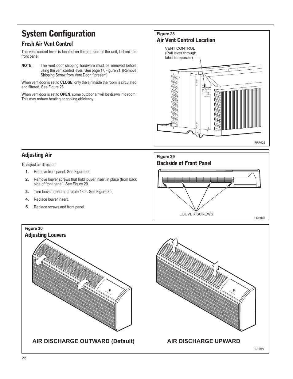 System configuration, Fresh air vent control, Adjusting air | Air vent control location, Backside of front panel, Adjusting louvers | Friedrich 920-087-09 (12/10) User Manual | Page 22 / 36