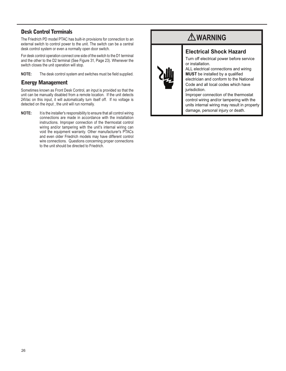 Warning | Friedrich 920-087-09 (12/10) User Manual | Page 26 / 36