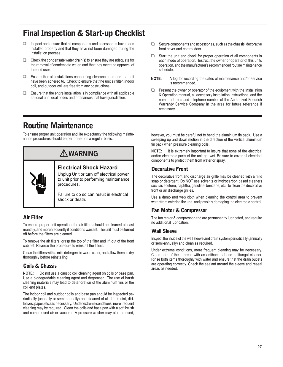 Warning | Friedrich 920-087-09 (12/10) User Manual | Page 27 / 36