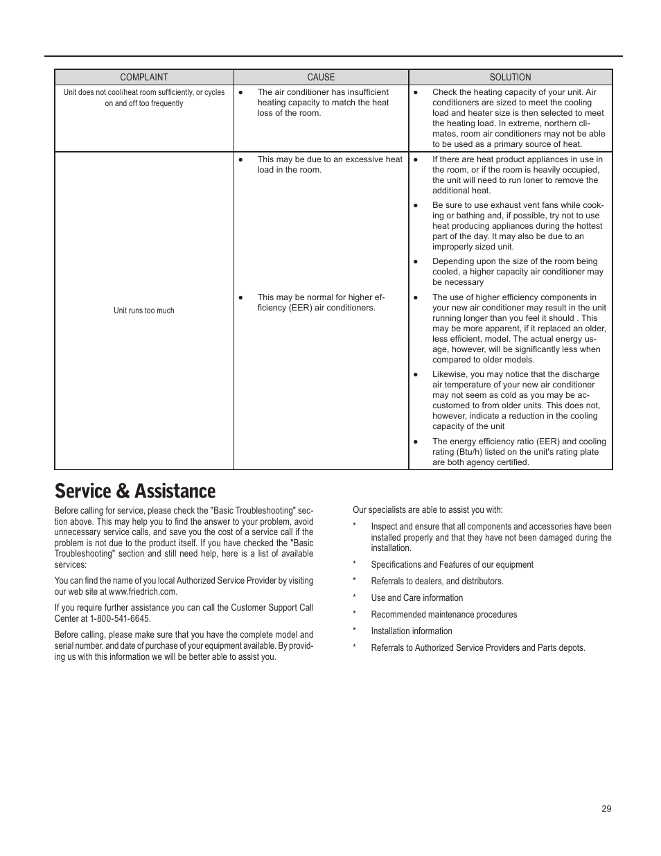 Service & assistance | Friedrich 920-087-09 (12/10) User Manual | Page 29 / 36