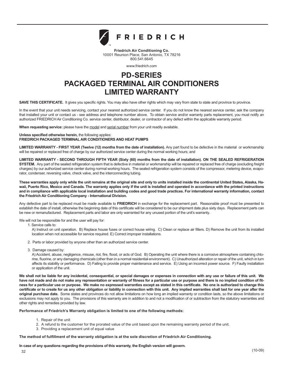 Friedrich 920-087-09 (12/10) User Manual | Page 32 / 36