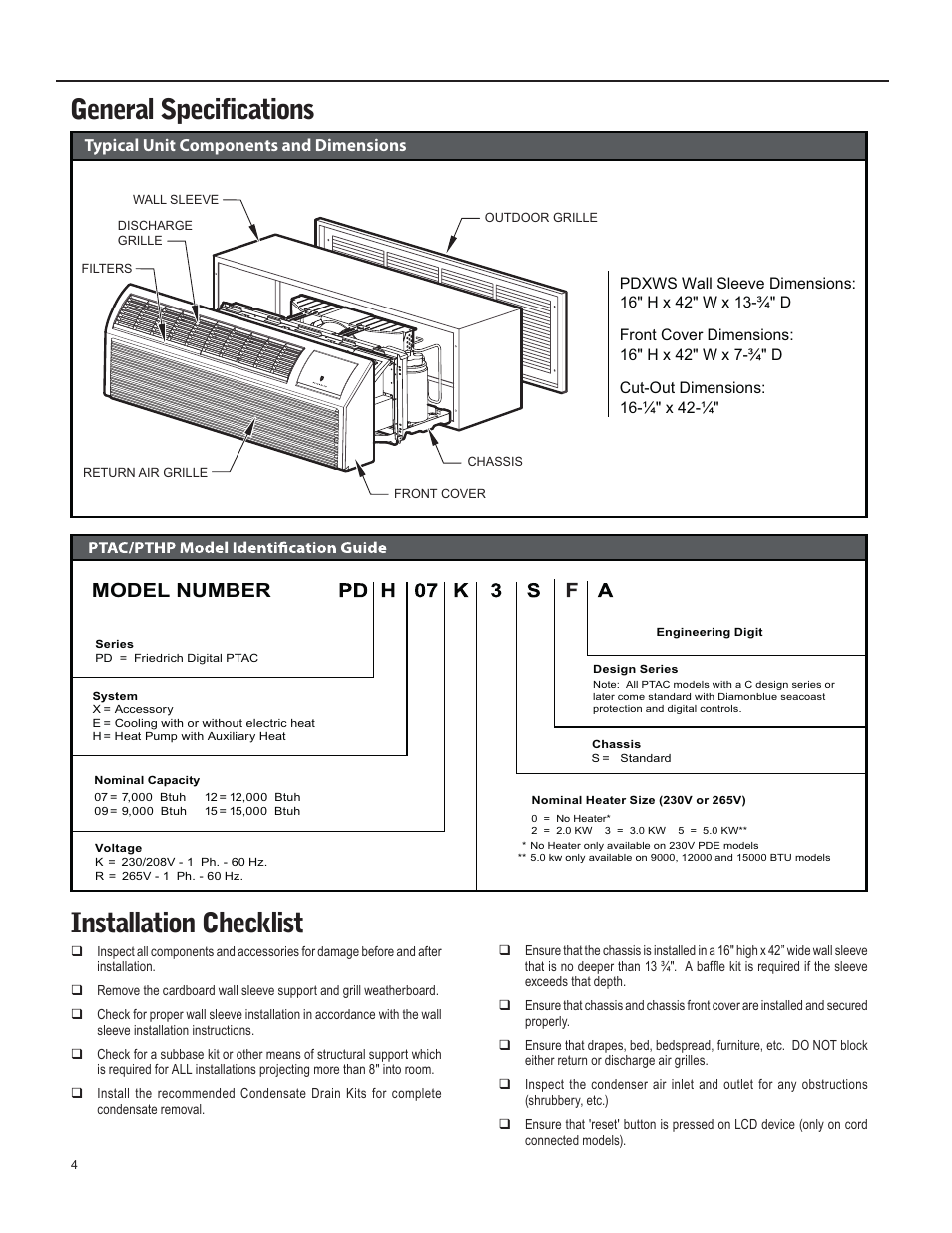 General specifications installation checklist, Model number, Typical unit components and dimensions | Friedrich 920-087-09 (12/10) User Manual | Page 4 / 36