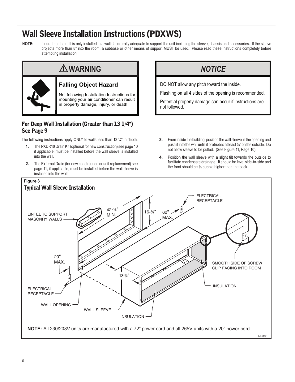 Wall sleeve installation instructions (pdxws), Notice, Warning | Friedrich 920-087-09 (12/10) User Manual | Page 6 / 36