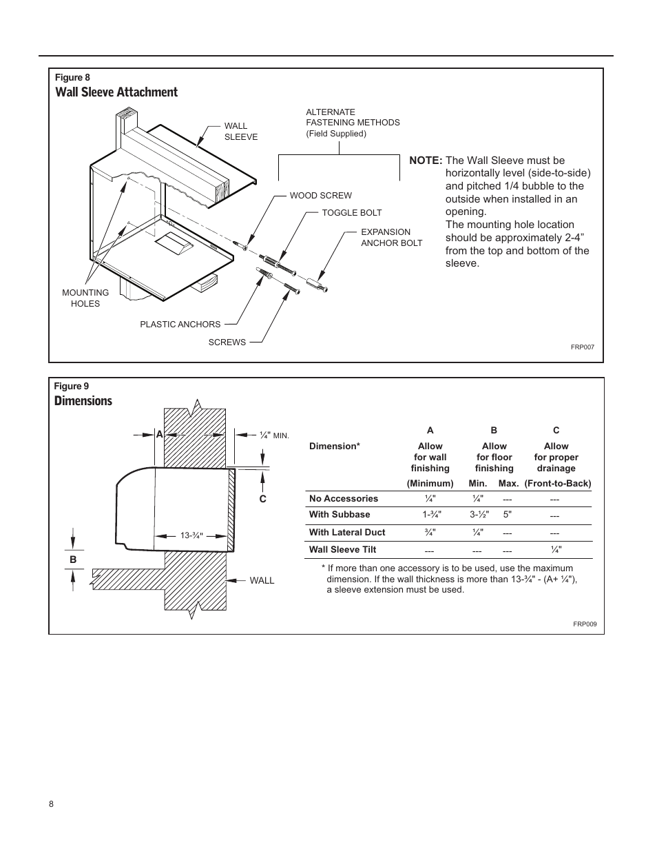 Dimensions, Wall sleeve attachment | Friedrich 920-087-09 (12/10) User Manual | Page 8 / 36