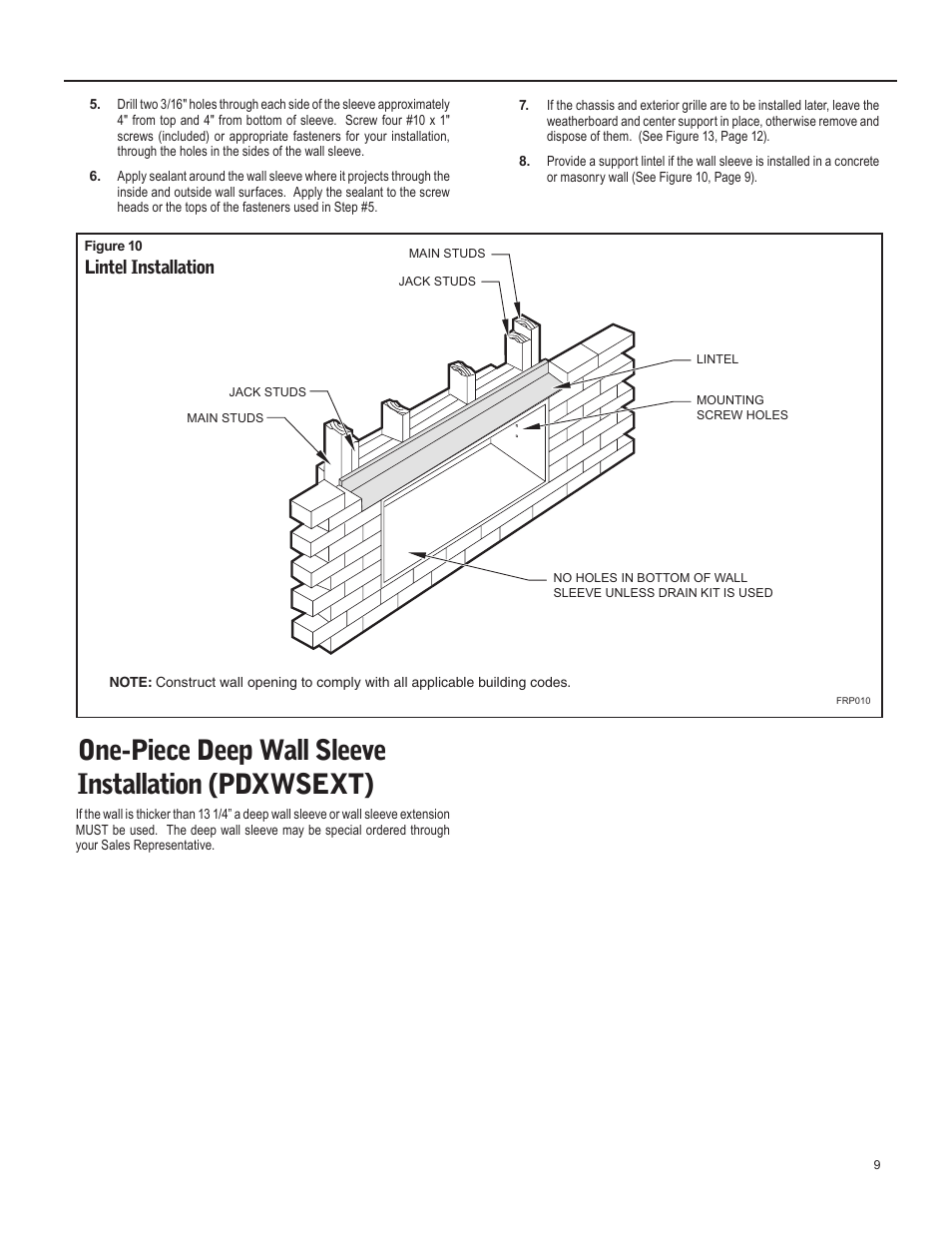 One-piece deep wall sleeve installation (pdxwsext), Lintel installation | Friedrich 920-087-09 (12/10) User Manual | Page 9 / 36