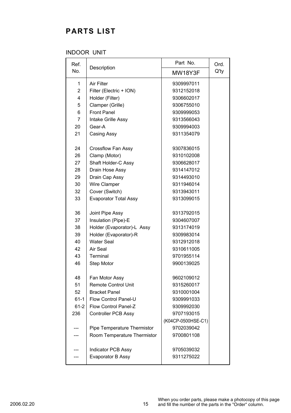 Parts list | Friedrich MW18Y3F User Manual | Page 16 / 19
