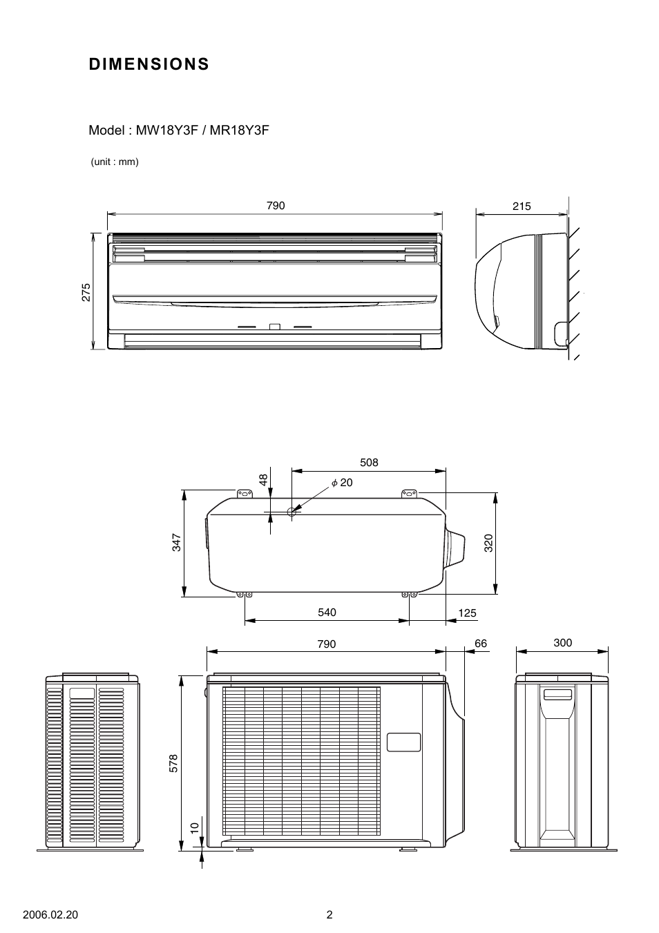 Dimensions | Friedrich MW18Y3F User Manual | Page 3 / 19