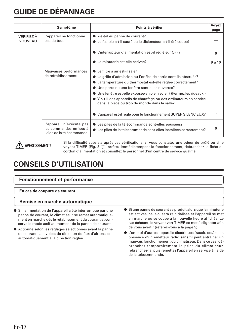 Guide de dépannage, Conseils d’utilisation, Fr-17 | Fonctionnement et performance, Remise en marche automatique, Avertissement | Friedrich MW12C3E User Manual | Page 38 / 62