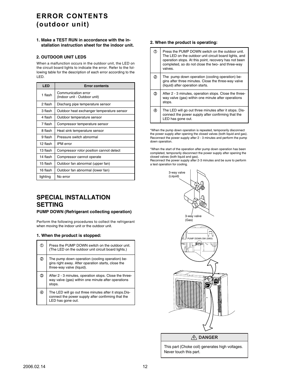 Error contents (outdoor unit), Special installation setting | Friedrich MS24Y3F User Manual | Page 13 / 29
