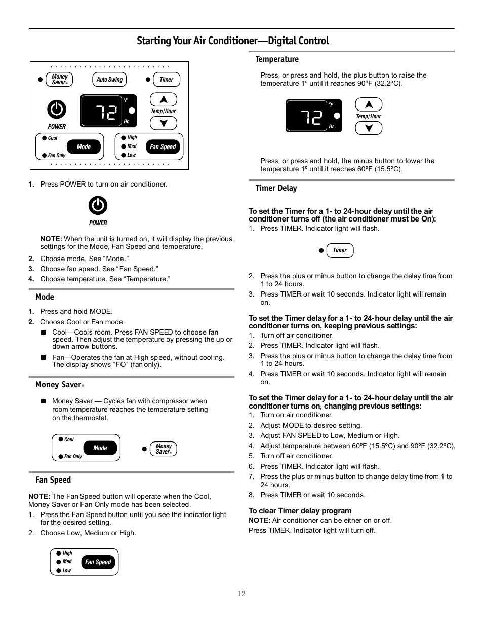 Starting your air conditioner—digital control, Mode, Fan speed | Temperature, Timer delay, Money saver | Friedrich CP15F10A User Manual | Page 14 / 20