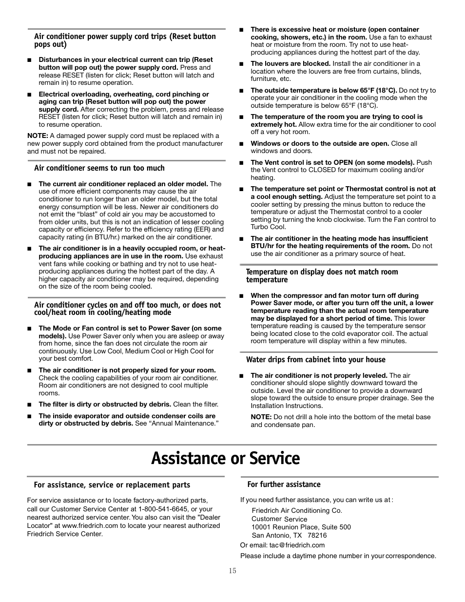Assistance or service | Friedrich CP15F10A User Manual | Page 17 / 20