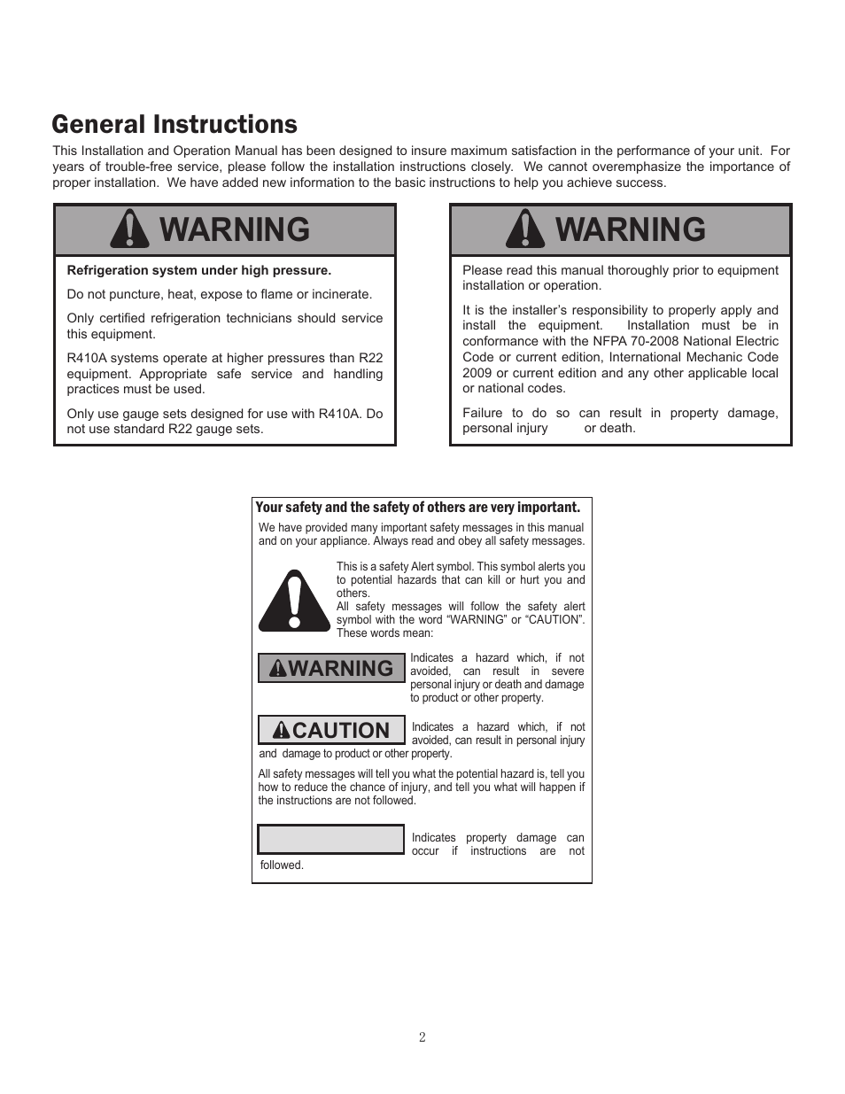 Warning, General instructions, Caution | Notice | Friedrich CP15F10A User Manual | Page 4 / 20