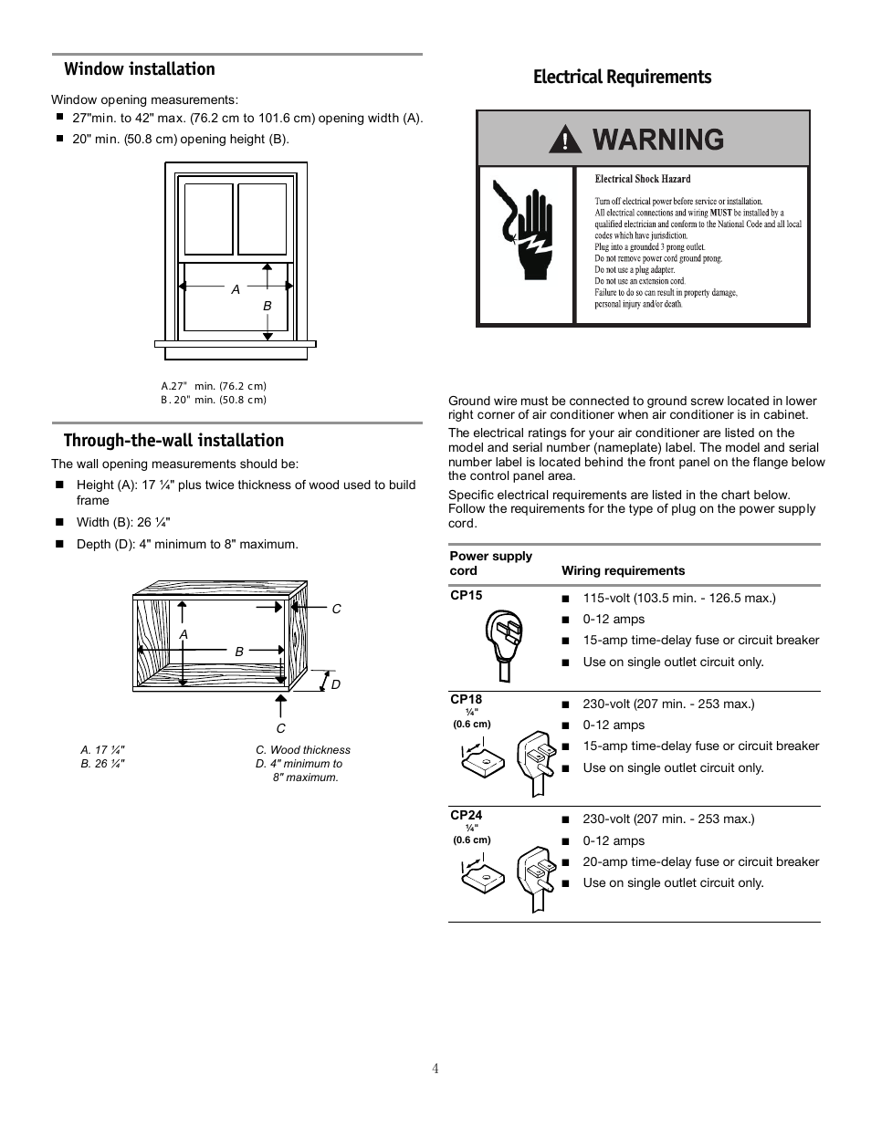 Electrical requirements, Window installation, Through-the-wall installation | Friedrich CP15F10A User Manual | Page 6 / 20