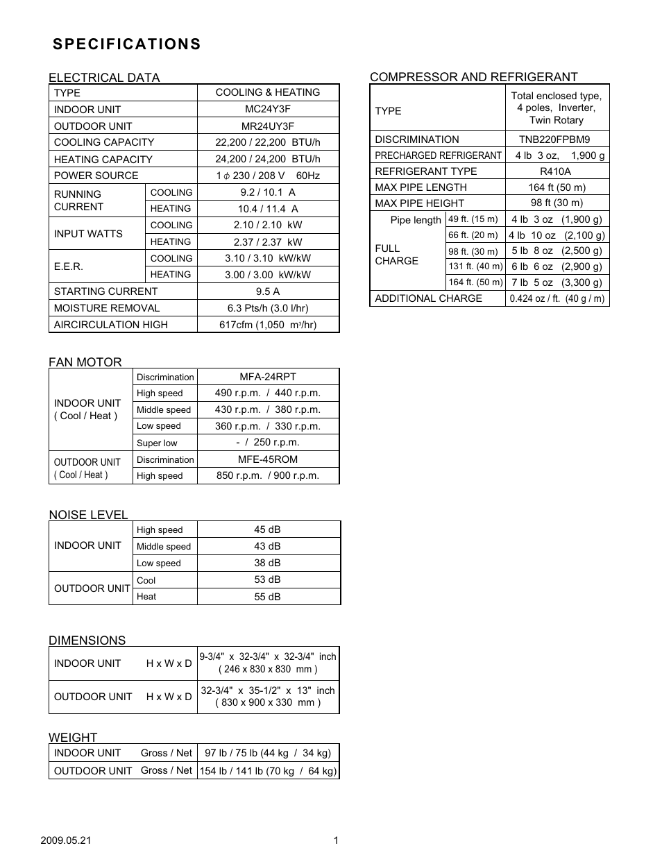 Specifications | Friedrich MC24Y3F User Manual | Page 2 / 25