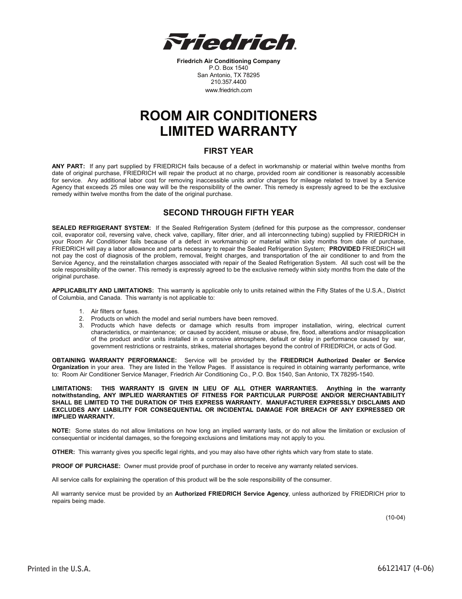 Room air conditioners limited warranty, First year, Second through fifth year | Friedrich CP18C30 User Manual | Page 16 / 16