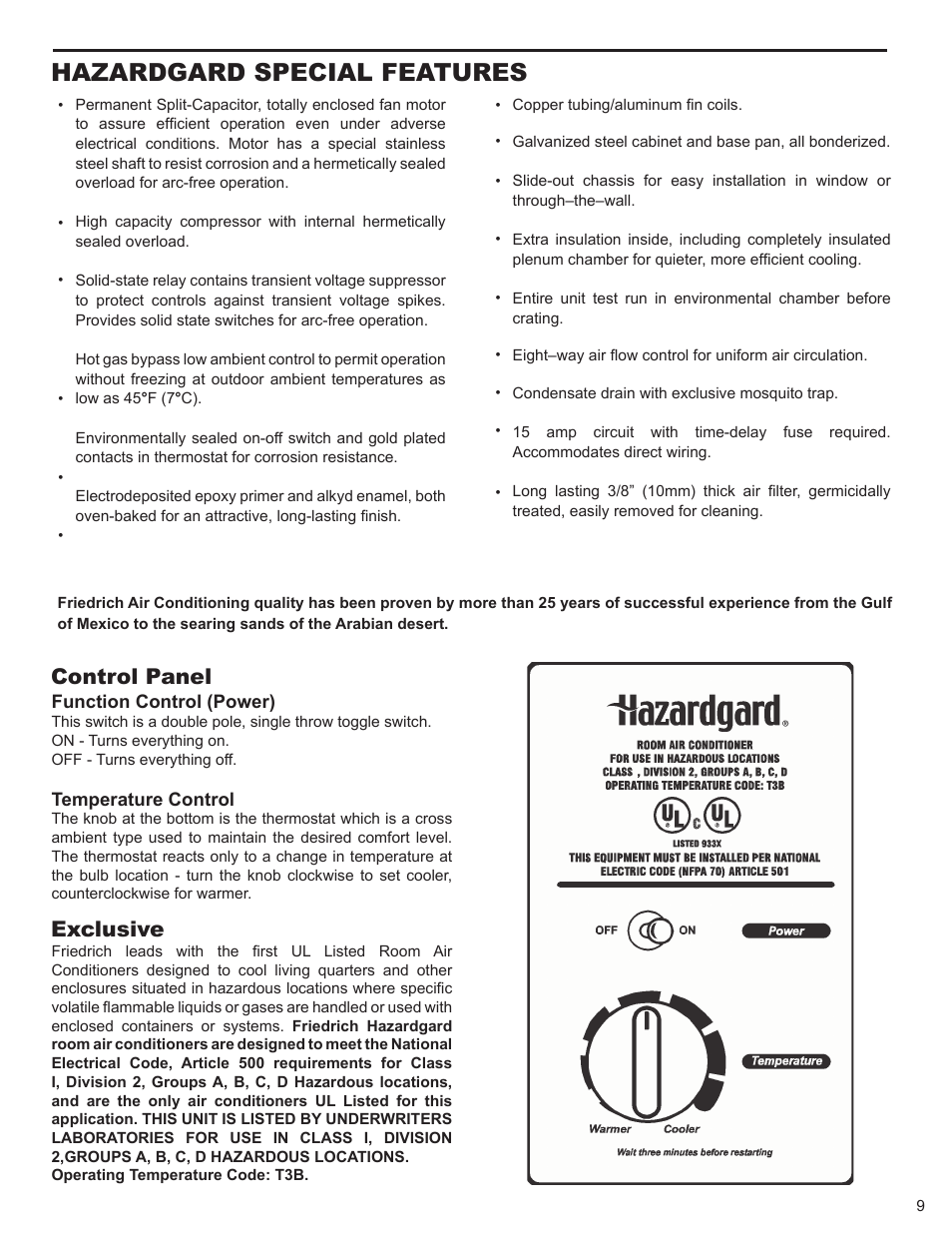 Hazardgard special features, Control panel exclusive | Friedrich HAZARDGARG R-410A User Manual | Page 10 / 32