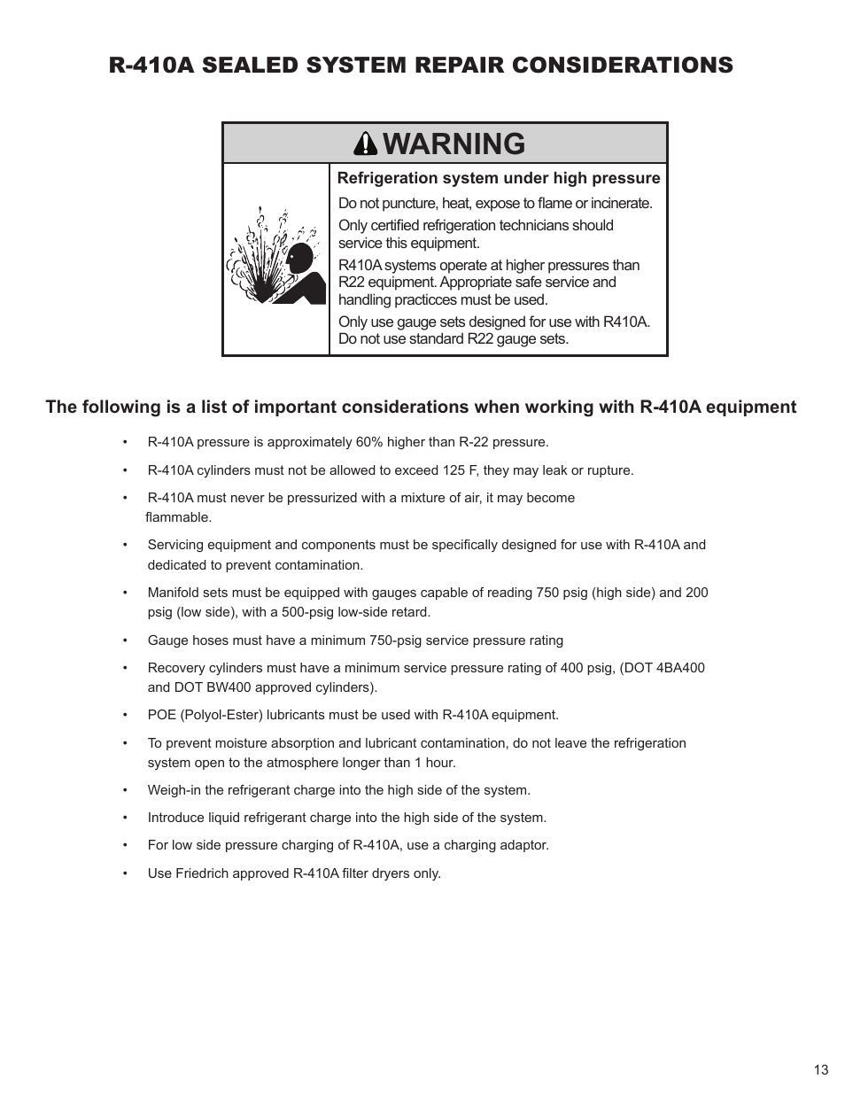 Warning, R-410a sealed system repair considerations | Friedrich HAZARDGARG R-410A User Manual | Page 14 / 32