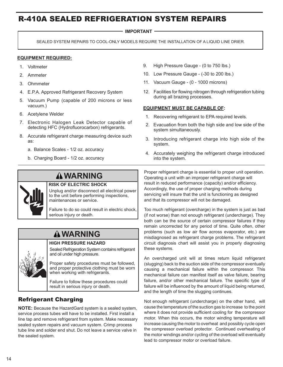 Warning, R-410a sealed refrigeration system repairs, Refrigerant charging | Friedrich HAZARDGARG R-410A User Manual | Page 15 / 32