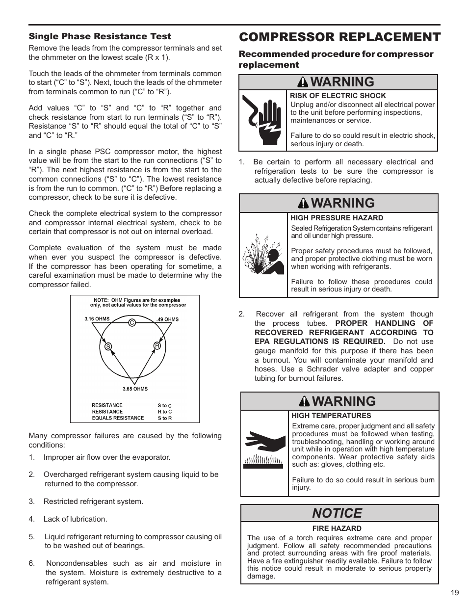 Warning, Notice, Compressor replacement | Friedrich HAZARDGARG R-410A User Manual | Page 20 / 32