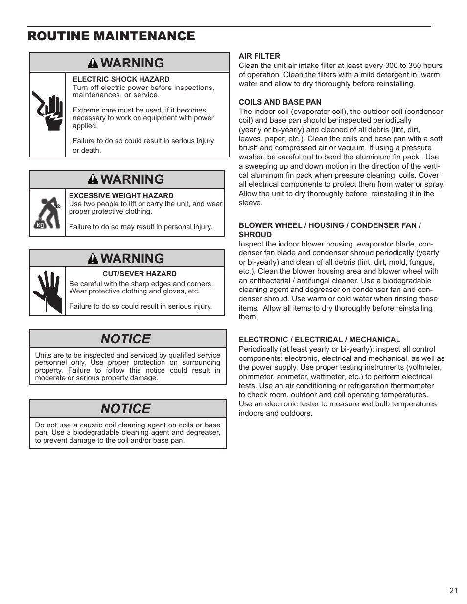 Notice, Warning, Routine maintenance | Friedrich HAZARDGARG R-410A User Manual | Page 22 / 32