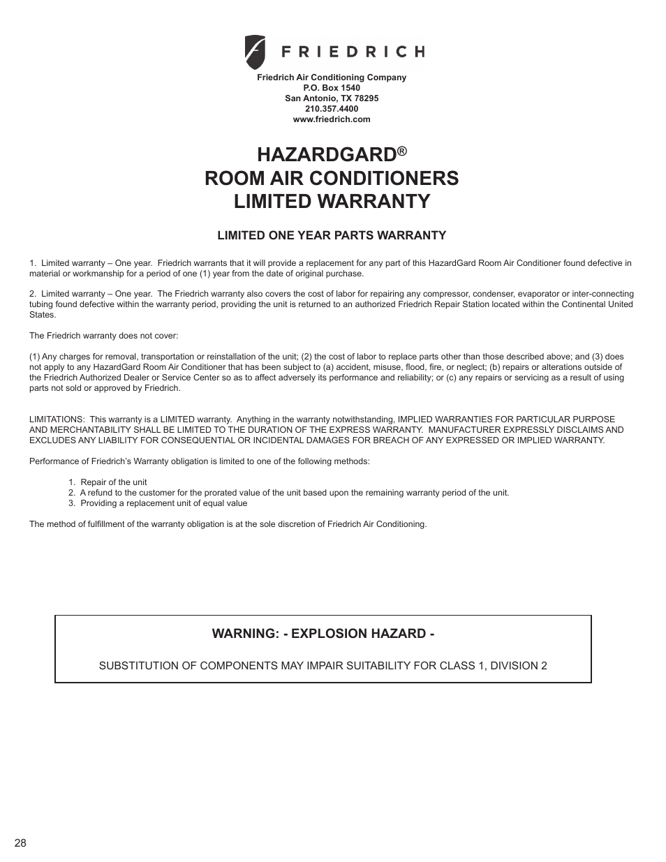 Hazardgard, Room air conditioners limited warranty, Warning: - explosion hazard | Friedrich HAZARDGARG R-410A User Manual | Page 29 / 32