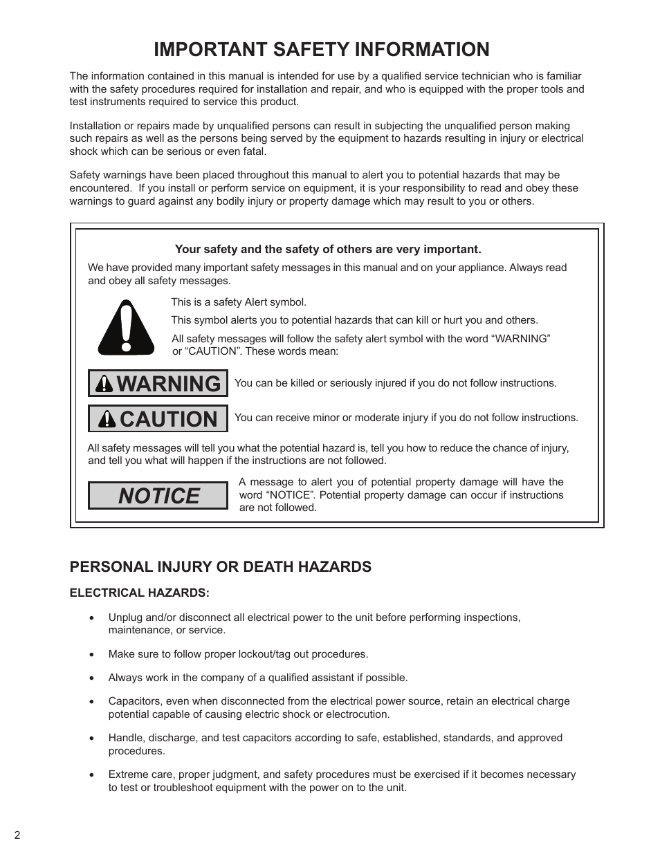 Warning caution notice, Important safety information, Personal injury or death hazards | Friedrich HAZARDGARG R-410A User Manual | Page 3 / 32