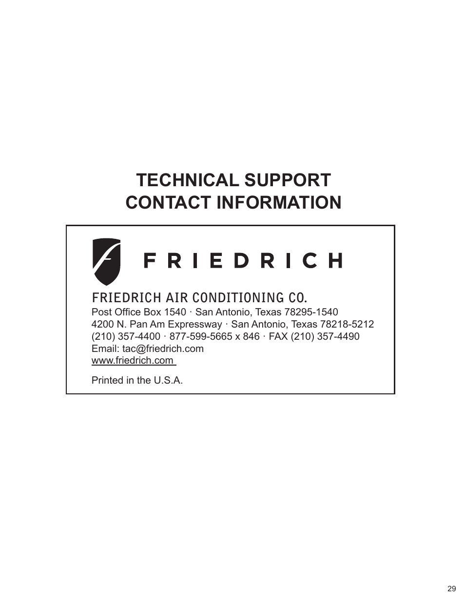 Technical support contact information | Friedrich HAZARDGARG R-410A User Manual | Page 30 / 32