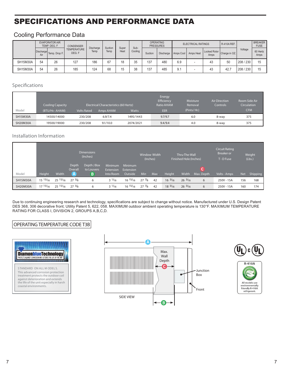 Specifications and performance data, Cooling performance data | Friedrich HAZARDGARG R-410A User Manual | Page 8 / 32