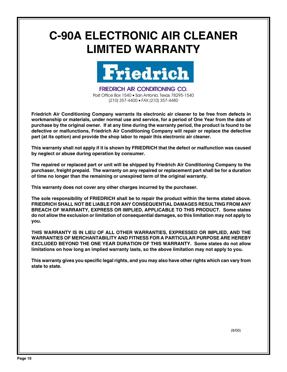 C-90a electronic air cleaner limited warranty | Friedrich C-90A User Manual | Page 10 / 31
