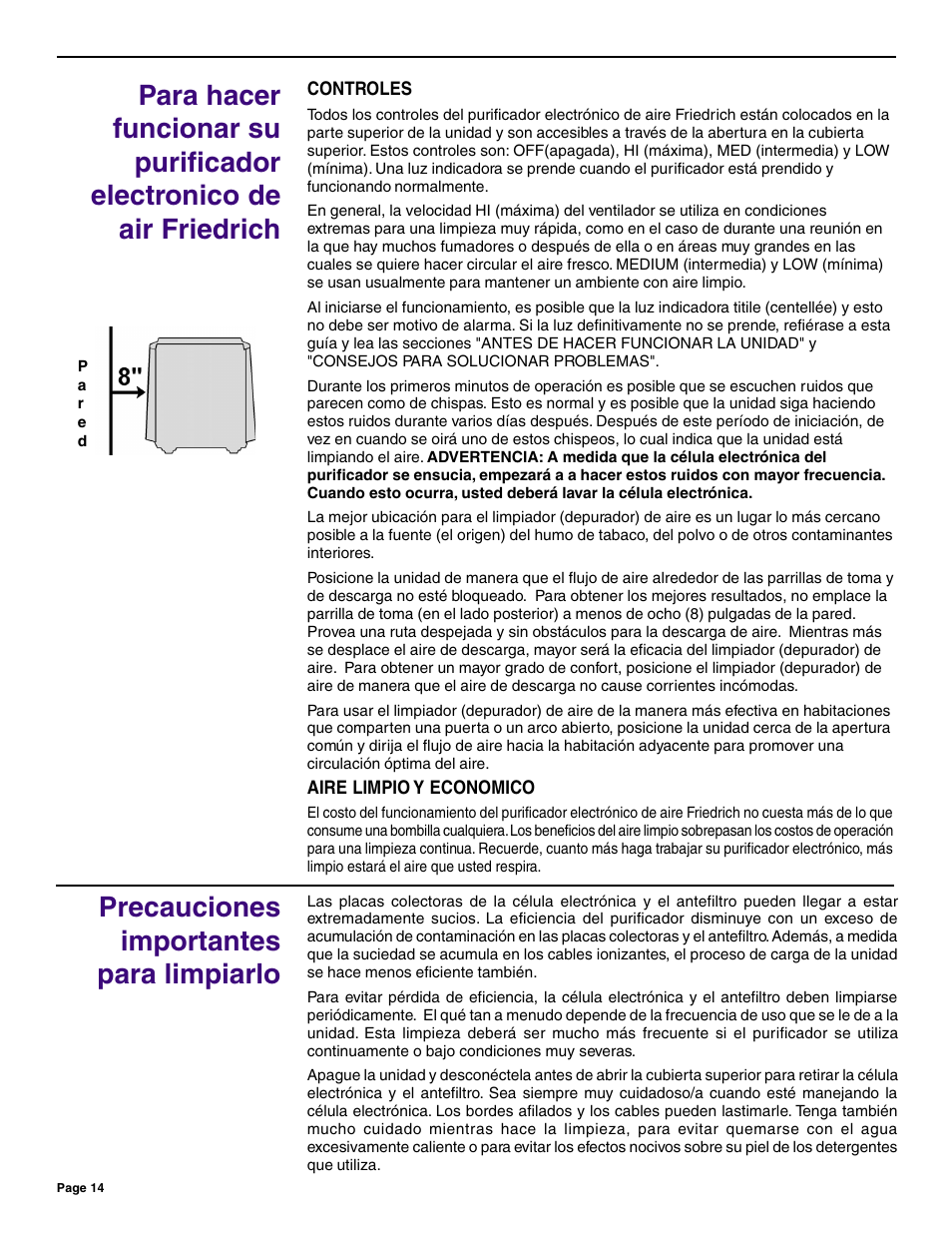 Precauciones importantes para limpiarlo | Friedrich C-90A User Manual | Page 14 / 31