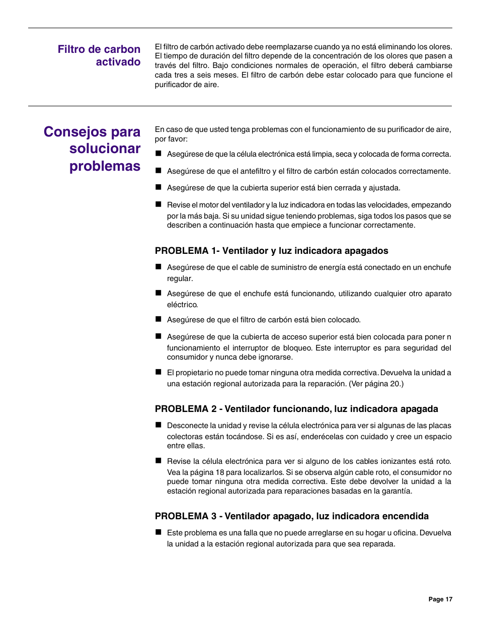 Consejos para solucionar problemas, Filtro de carbon activado | Friedrich C-90A User Manual | Page 17 / 31