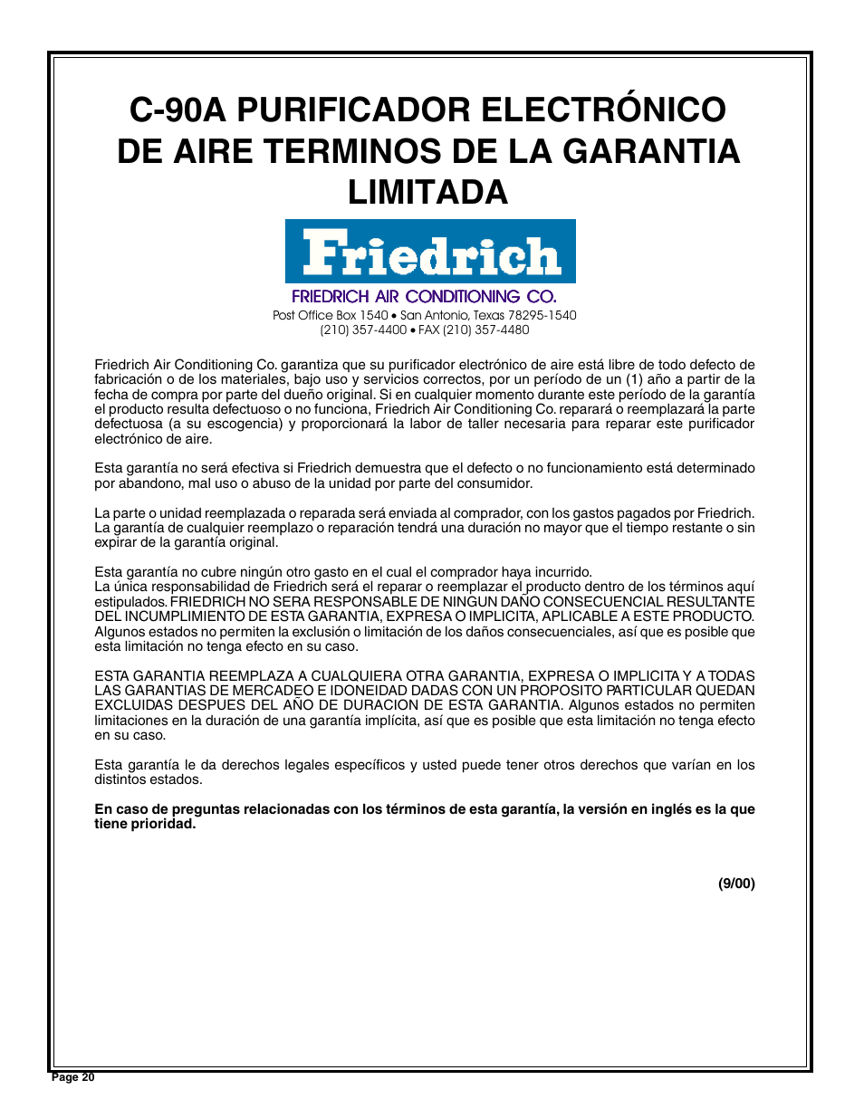 Friedrich C-90A User Manual | Page 20 / 31