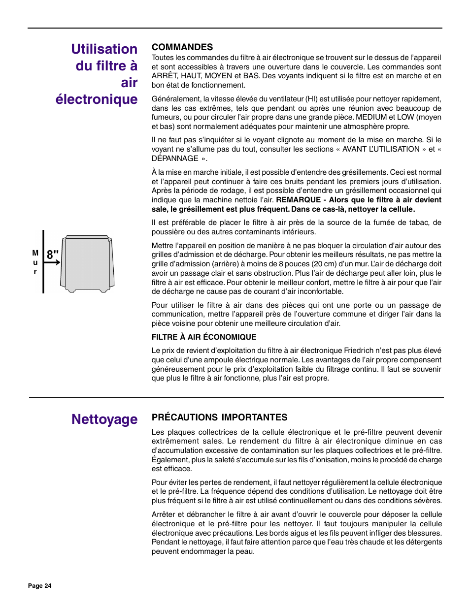 Utilisation du filtre à air électronique nettoyage | Friedrich C-90A User Manual | Page 24 / 31