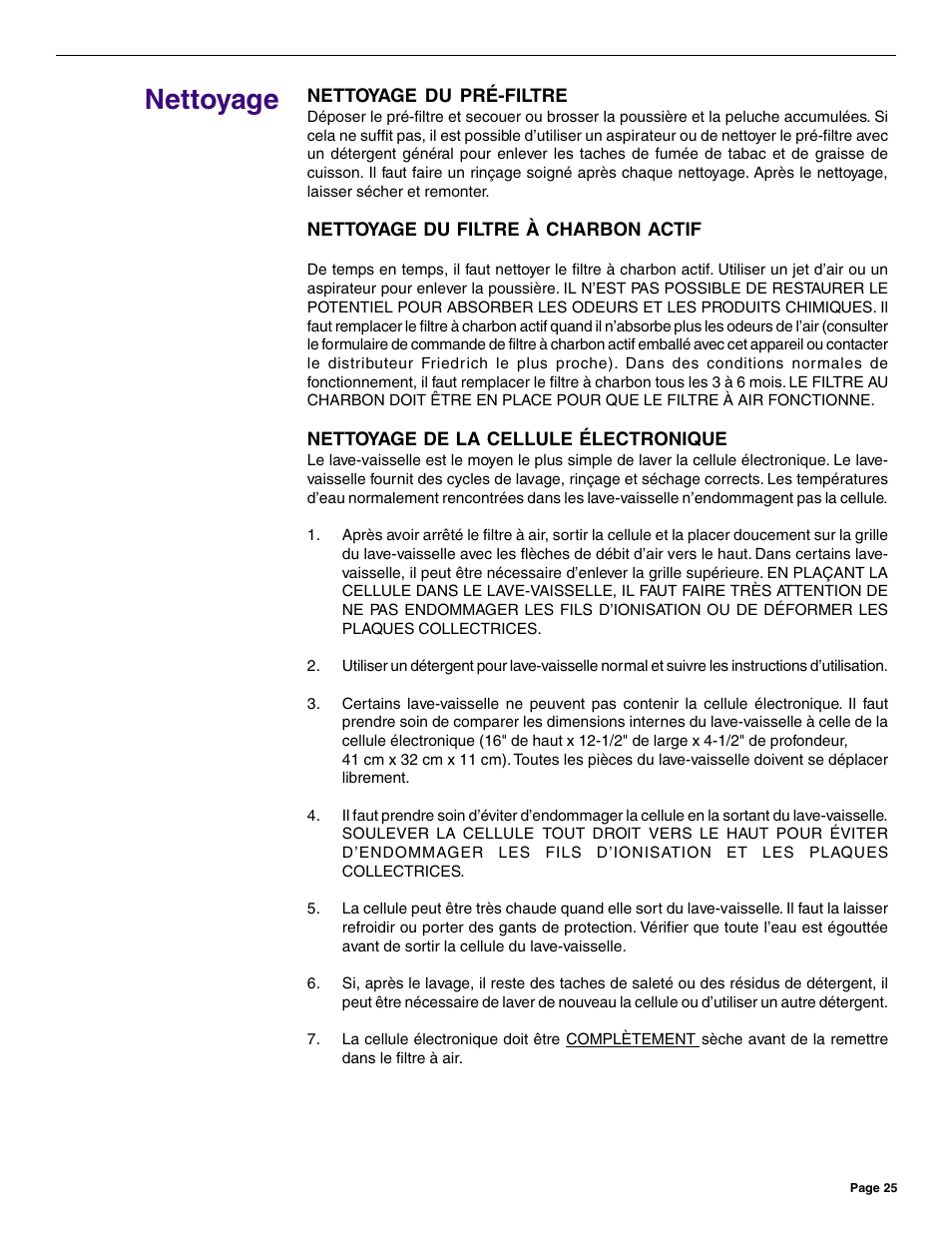 Nettoyage | Friedrich C-90A User Manual | Page 25 / 31